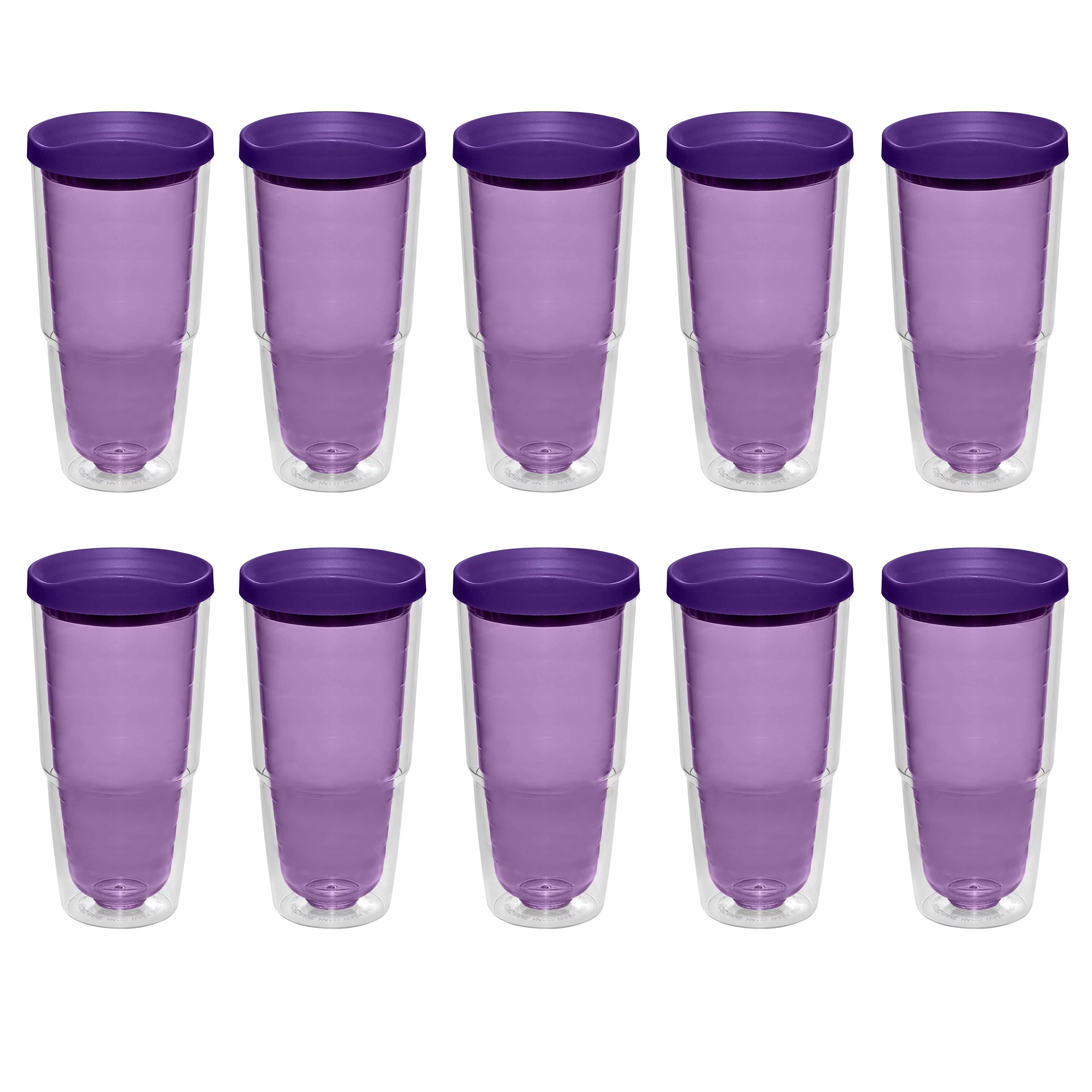 10 Acrylic Tumblers Set, 24 oz. - Double Wall, Color Matching Cap - Purple