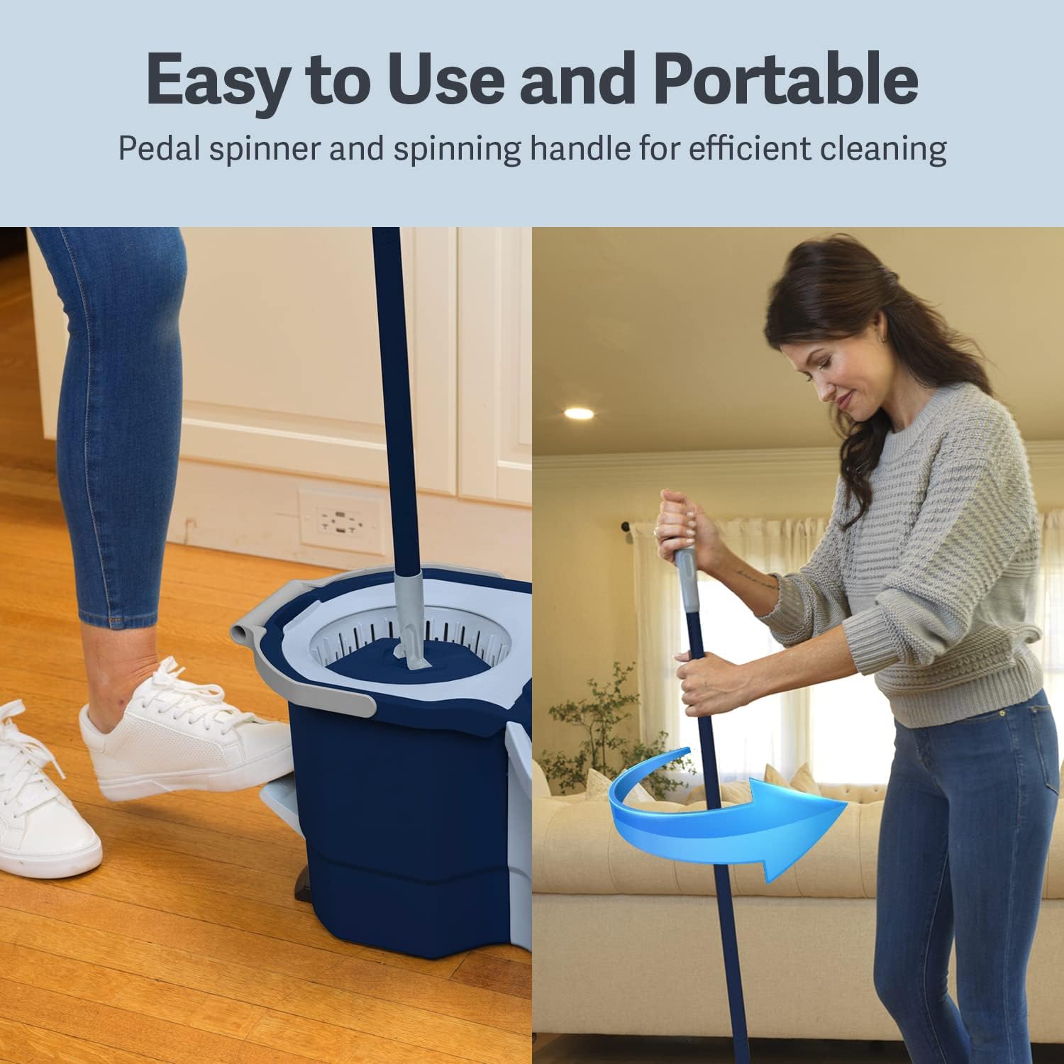 Casabella Clean Water Spin Mop with 2-Bucket System, Spin Mop and Mopping Bucket Set with Refill, Blue/White