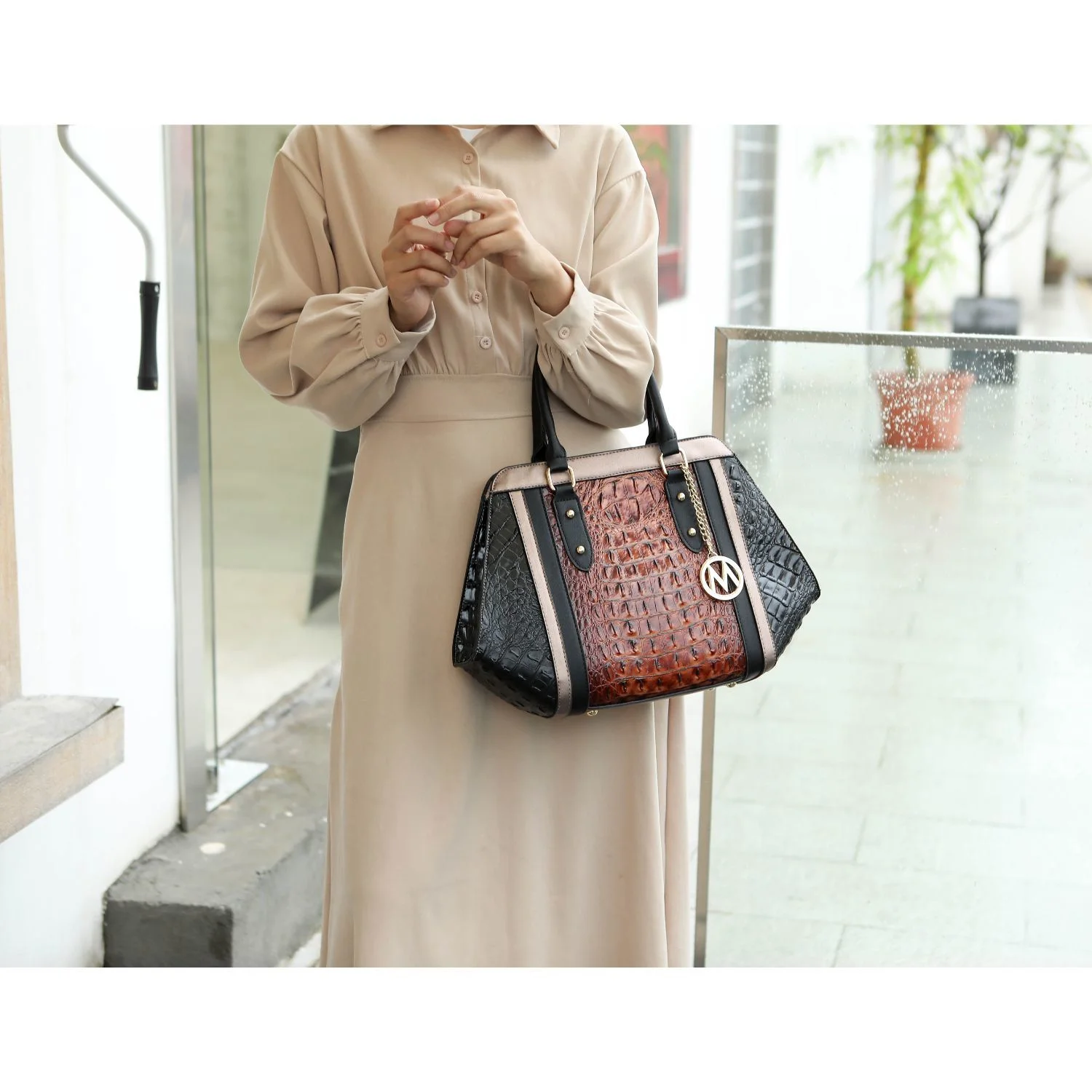 MKF Collection Women's Daisy Crocodile-Embossed Satchel Handbag & Wallet 2-Piece Set by Mia K. - Taupe Chocolate