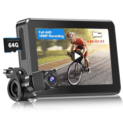 PARKVISION Bicycle Rear View Camera Recorder, 1080P Handlebar Bike Camera with 4.3'' HD Monitor, 64GB TF Card, 110° Angle View, 360°Rotatable Bracket, Backup/Front View Camera for Mountains,Ebikes