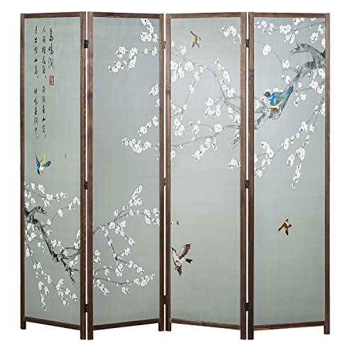 MyGift 4-Panel Asian-Inspired Folding Room Divider with Cherry Blossom Tree & Bird Design Poetry Calligraphy and Brown Wooden Frame 78''W x 70.5''H(6FT)
