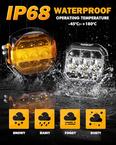 Auxbeam V-MAX Series 72W LED Pod Driving Lights, 4x2.5 Inch Rectangle Side Shooter Offroad Cube Spotlights with Amber DRL, 270° Combo Beam 6 Modes White/Amber/Yellow Auxiliary Lights with Covers