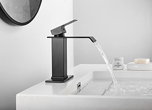 White Gold Faucet Bathroom Vessel Sink Golden Waterfall Spout Faucet Single Handle Bowl Sink Faucet Modern Single Hole Basin Vanity Tall Bathroom Sink Faucet with Pop Up Drain Stopper Supply Hose