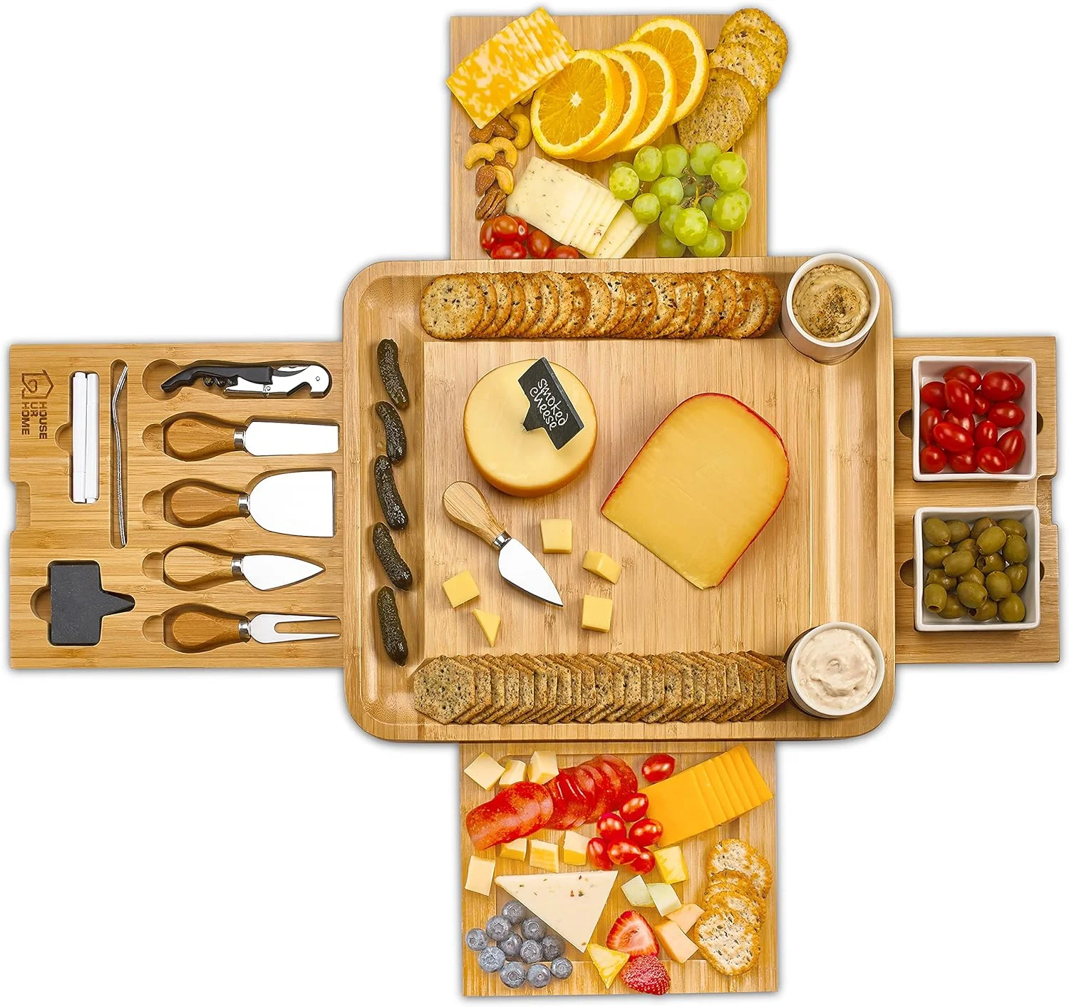 Large Charcuterie Board Set - Bonus Recipe Book - 2 Ceramic Bowls & Plates, 4 Magnetic Drawers Bamboo Cheese Knife Set, Round Tray - Christmas & Housewarming Gifts