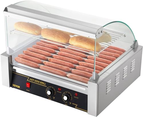 VEVOR Hot Dog Roller,5 Rollers 12 Hot Dog Capacity, 750W Stainless Steel Cook Warmer Machine with Dual Temp Control, LED Light and Detachable Drip Tray, Sausage Grill Cooker for Kitchen Restaurant