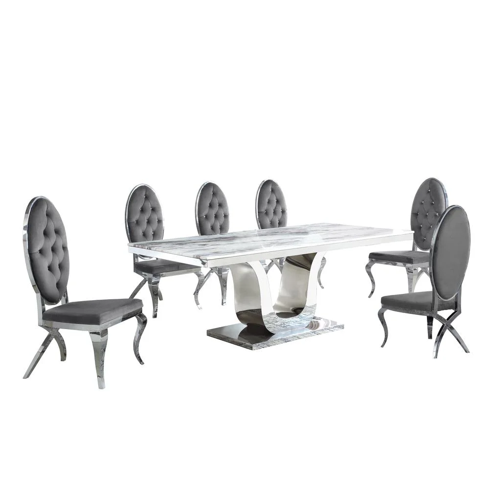 Silver Stainless Steel 7 Piece Dining Set with Marble Table and Gray Chairs