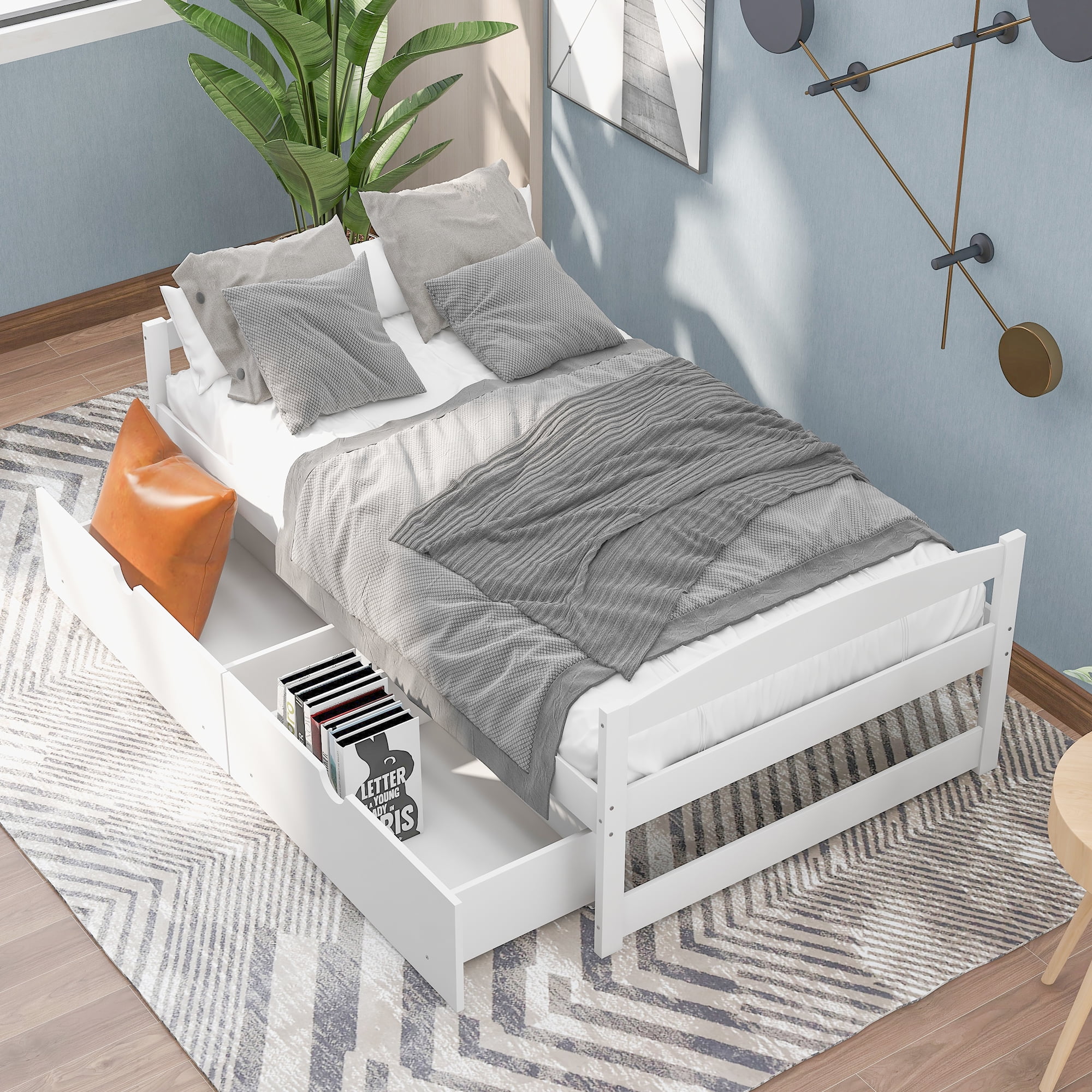 Nestfair White Twin Size Platform Bed with 2-Drawers