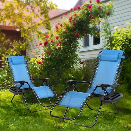 Nazhura Set of 2 Relaxing Recliners Patio Chairs Adjustable Steel Mesh Zero Gravity Lounge Chair Beach Chairs with Pillow and Cup Holder (Dark Green)