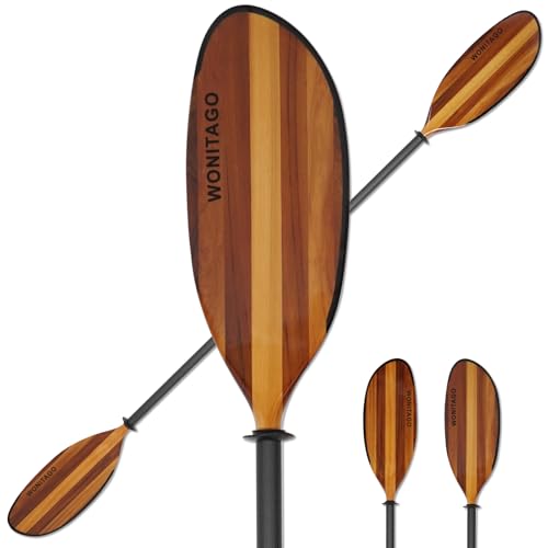 Kayak Paddle with Full Carbon Fiber Shaft and Wooden Blade, Floating Kayak Oars Anti-Collision Edge, Adjustable 220-230 cm/86-90 Inches