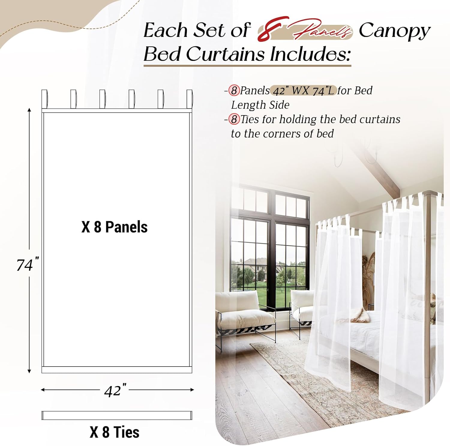 8 Panels Canopy Curtains White Canopy Bed Curtains for King Full/Queen and Twin Bed Frame,Four Poster Bed Canopy Curtains Drapes,Sheer Canopy Bed Drapes with Top and Self-Adhesive Velcro(42