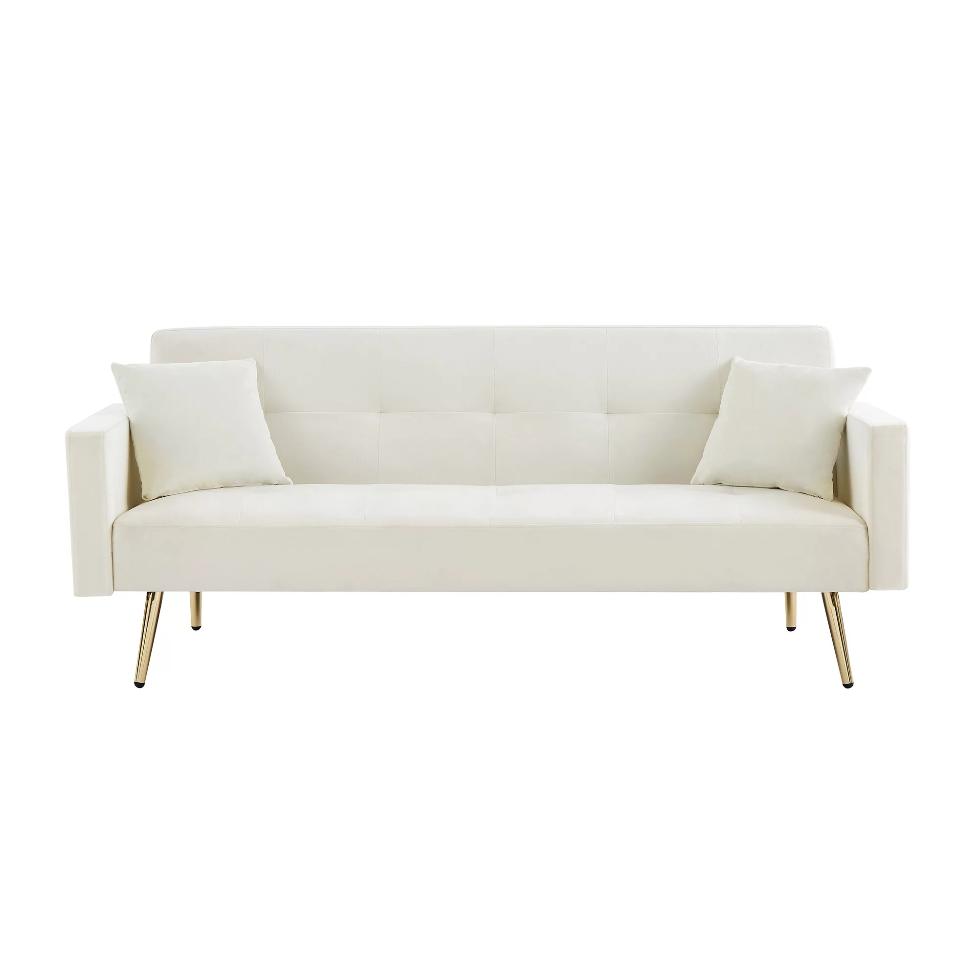 Velvet Convertible Folding Futon Sofa Bed with Tufted Back and Seat Cream White