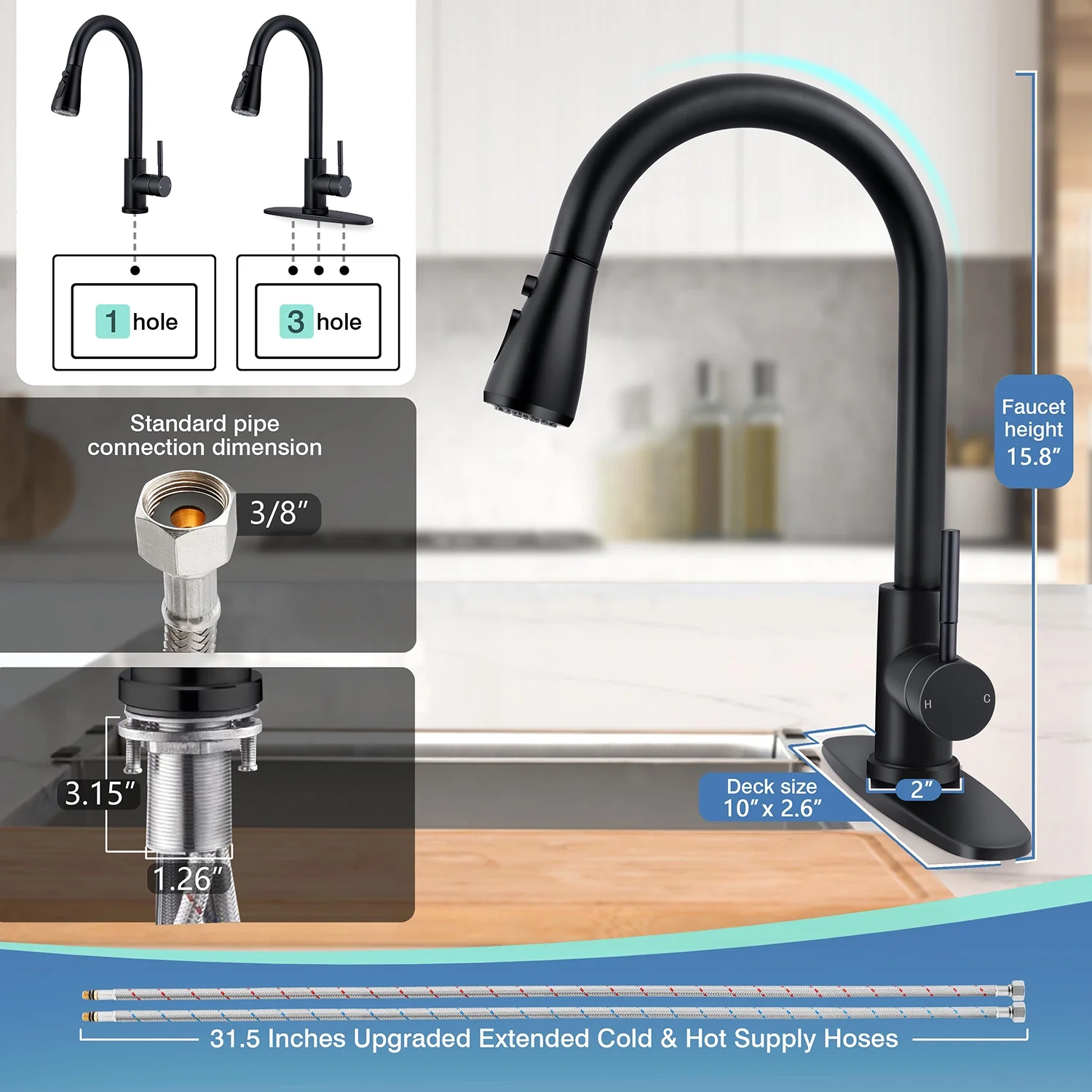 Vesteel Kitchen Sink Faucet with Pull Down Sprayer, 18/10 Stainless Steel Matte Black Kitchen Tall Water Faucet Brushed Nickel, Single Handle & Deck Plate