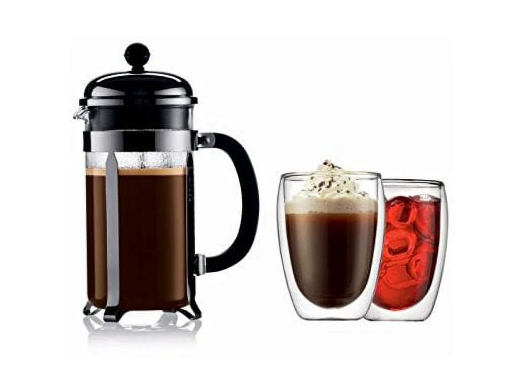 Bodum Caffettiera French Press Coffee Maker, 8 Cup, 1 Liter, 34oz with 2 Glass Mugs, 0.35 Liter, 12oz