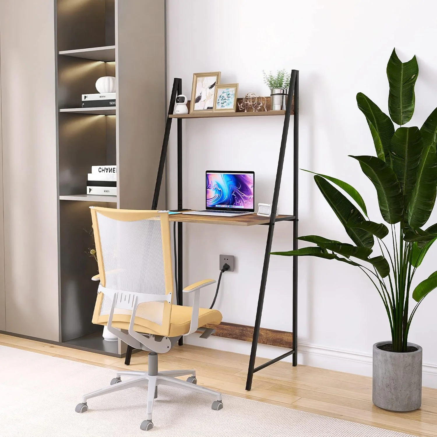 YGDU Computer Desk, 2-Tier Ladder Home Office Desk with Storage Sturdy Bookshelf Modern Simple Style Writing Table (Rustic Brown)