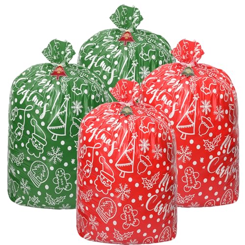 Drawstrings Christmas Gift Bags Assorted Sizes, 34Pcs Holiday Gift Bag Bulk Christmas Bags For Gifts, Reusable Plastic Xmas Presents Wrapping Bags Favor Goody Bags Jumbo/Extra Large/Medium/Small Size