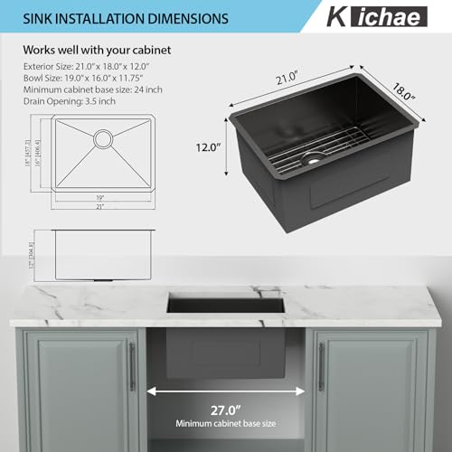 Kichae 12“ Deep Laundry Sink Undermount - 24 Inch Black Undermount Utility Sink Stainless Steel Single Bowl Under Counter Handmade Laundry Utility Room Basin