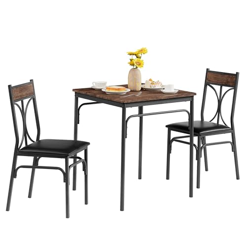 VECELO 3-Piece Dining Room Kitchen Table and Pu Cushion Chair Sets for Small Space, 2, Classic Brown,Dining Set for 2