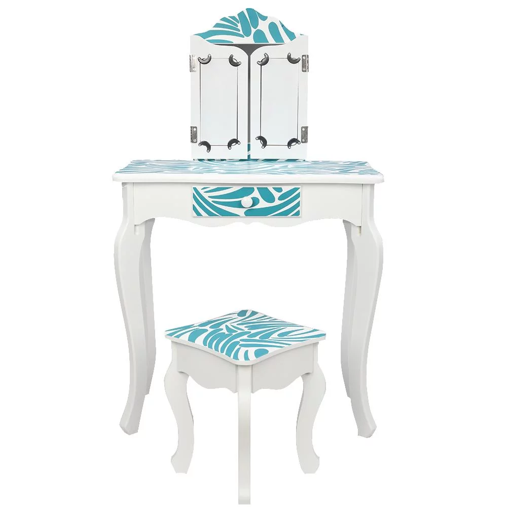 Winado Kids Vanity Table Set, Princess Wooden Dressing Table and Stool Vanity Set, Little Girls Pretend Beauty Makeup Playset w/Mirror & Stool,Blue