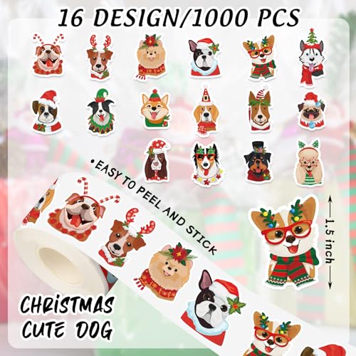 1000Pcs Christmas Stickers Xmas Puppy Dogs Self-Adhesive Sticker Decals for Journal Scrapbook Decor Birthday Baby Shower Holiday Party, 16 Designs, 2 Rolls