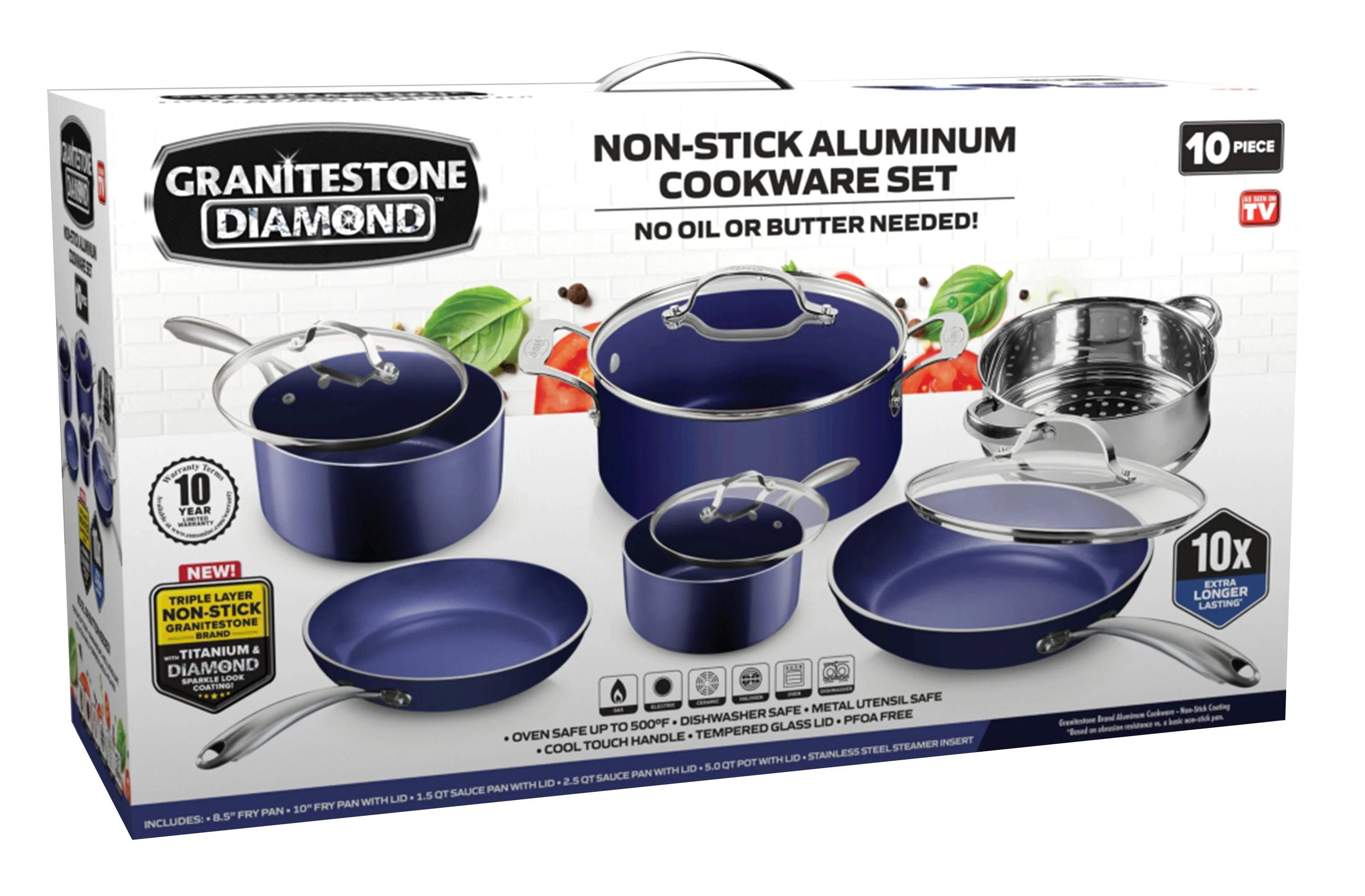 Granite Stone Pots and Pans Set, 10 Piece Complete Cookware Set, Nonstick, Dishwasher Safe, Blue