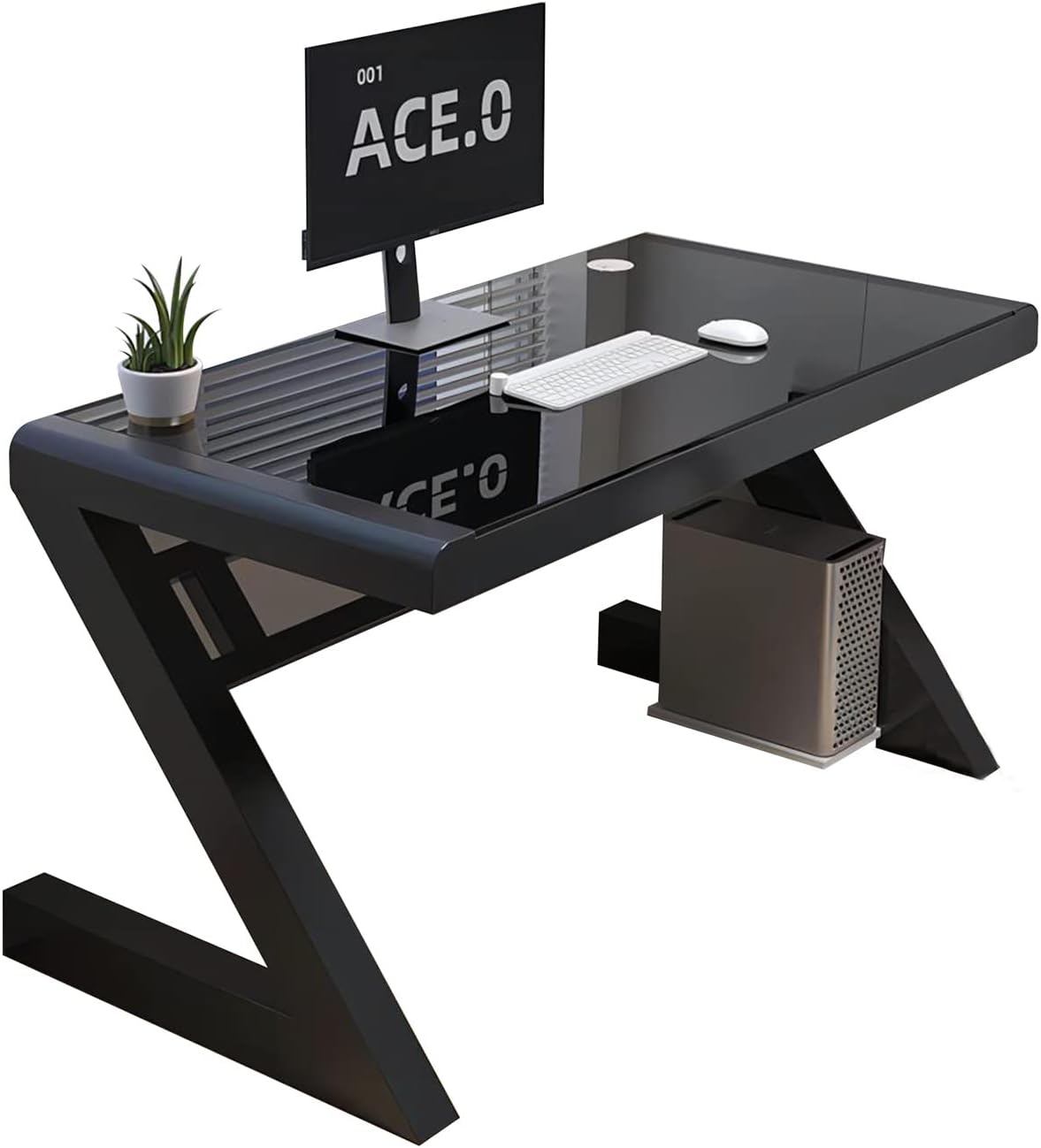 Modern Computer Desk Tempered Glass Large Office Desk with Threading Hole Storage Stand Study Writing Desk Easy to Install Computer Workstation for Home Office(Black,39.3 * 19.6'')