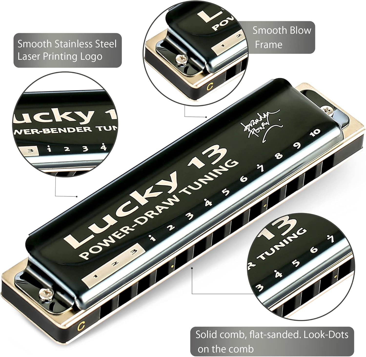 East top Lucky 13 Bass Plus Blues Harmonica 13 Holes Diatonic Harp Mouth Organ Professional Musical Instruments PowerDraw C key for Adults