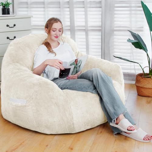 Giant Bean Bag Chair, Oversized Bean Bag Chairs for Adults and Kids, Gaming Chair Stuffed Memory Foam | Storage | Non-Slip, Removable Bean Bag Sofa Comfy Chair for Bedroom, Livingroom (Beige)