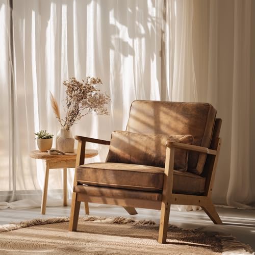 VINGLI Solid Wood Wide Armrests Accent Chair,Upholstered Mid Century Modern Chair with Pillow,Comfy Reading Chair Farmhouse Arm Chair,Chairs Living Room,Bedroom,Guest Room,Linen Fabric,Beige