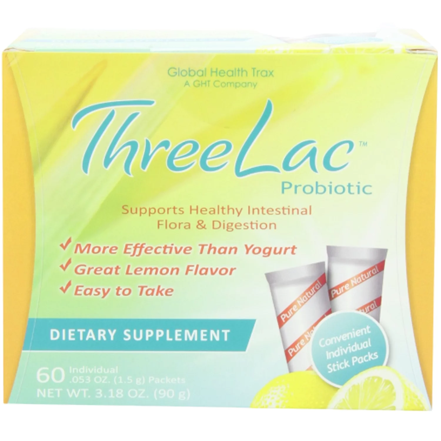 Global Health Trax ThreeLac Probiotic Dietary Supplement, Lemon Flavored (60 Packets)
