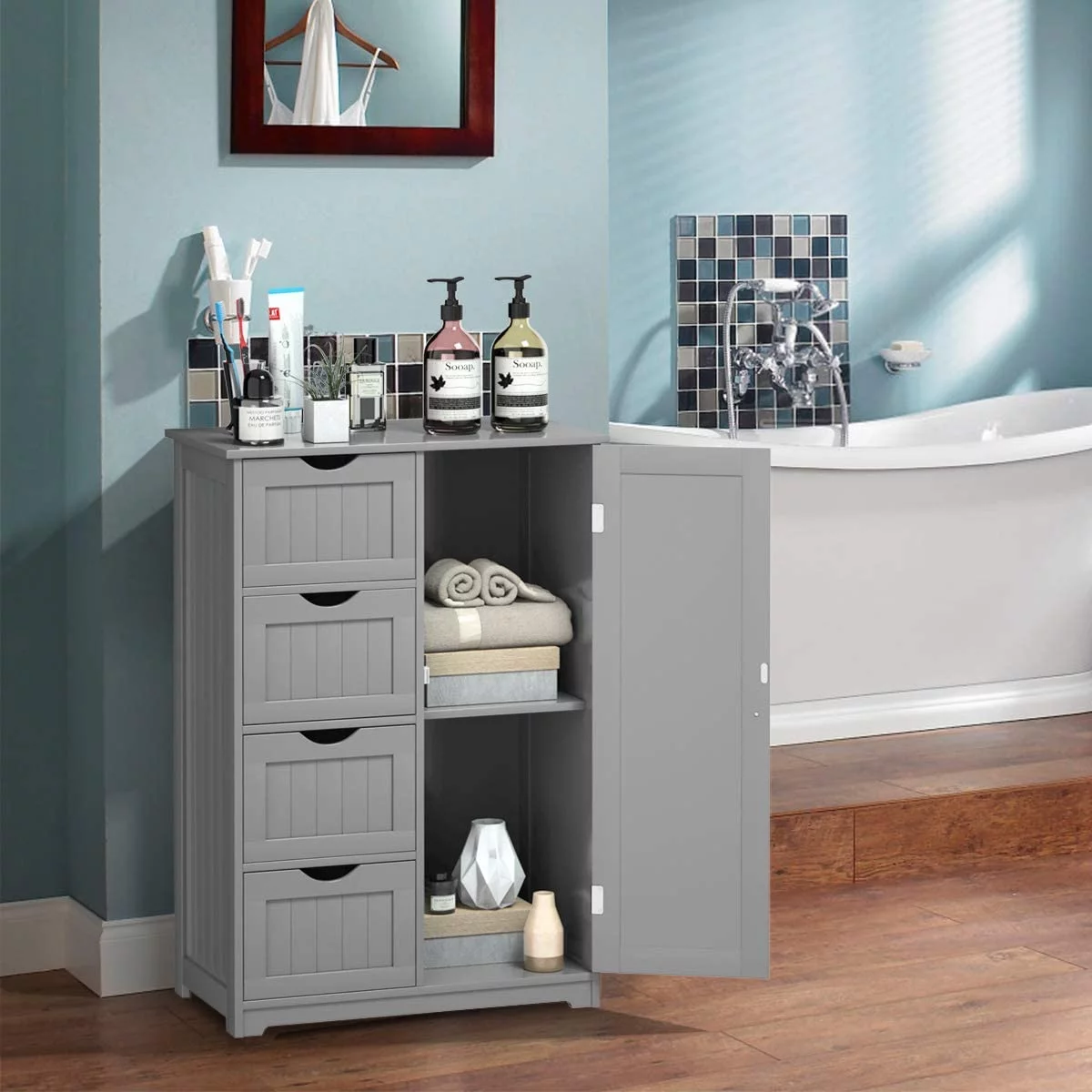 Bathroom Storage Cabinet Freestanding, Floor Cabinet with 4 Drawers & 1 Cupboard, 3-Level Adjustable Shelf & Anti-Toppling Device, Entryway Storage Unit Console Table, Storage Organizer(Gray)