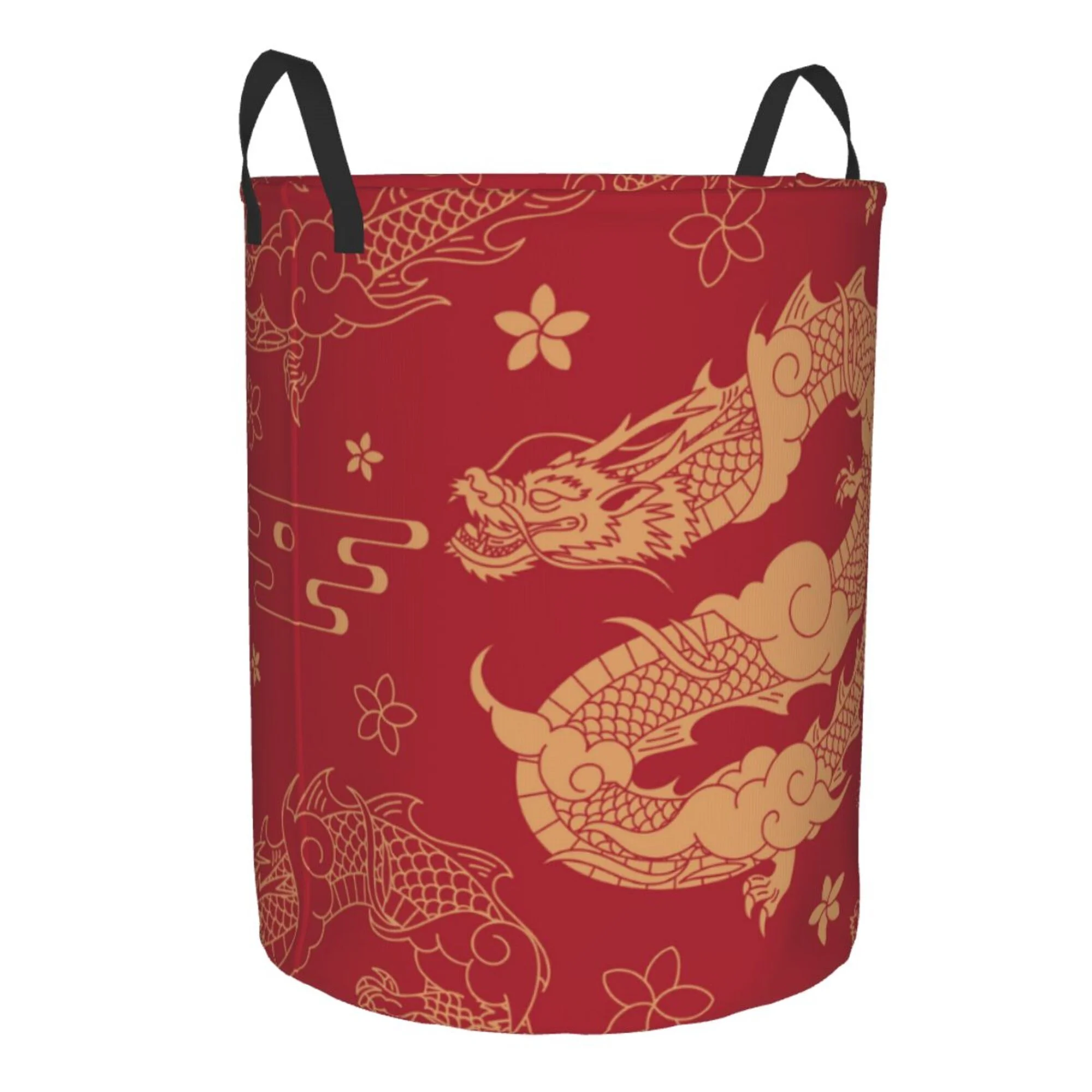 TEQUAN Waterproof Laundry Hampers, Red Chinese Dragon Pattern Clothes Storage Basket with Handle (S)