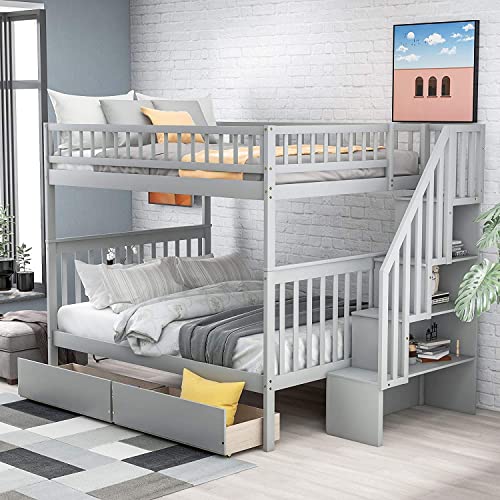 DNYN Queen Size Murphy Bed with Storage Drawer(Large) & Charging Station for Bedroom,Convertible Pinewood Wall Bedframe w/Stylish Cabinet Design,No Box Spring Needed,for Small Space, Gray