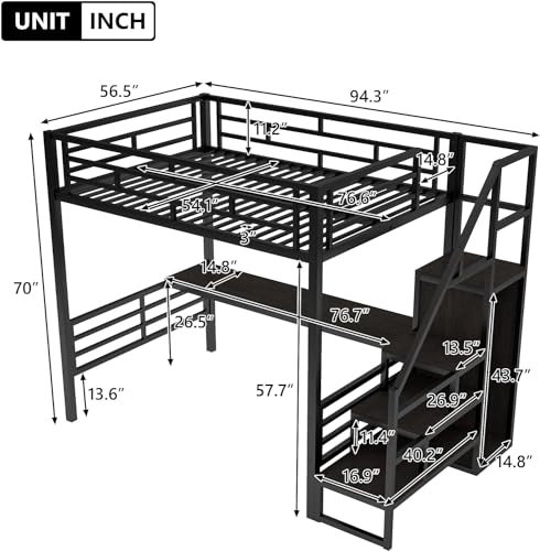 Metal Full Loft Bed with Desk and Wardrobe, Full Size with Storage Stairs and Guard Rail,Bed Frame