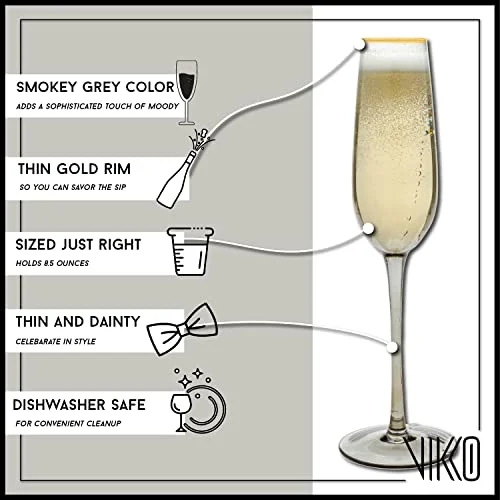 Vikko Champagne Flutes, 8.5 Ounce Toasting Champagne Flute, Smoked with Gold Rim, Crystal Clear Champagne Glasses, Set of 4 Elegant Sparkling Wine Glasses