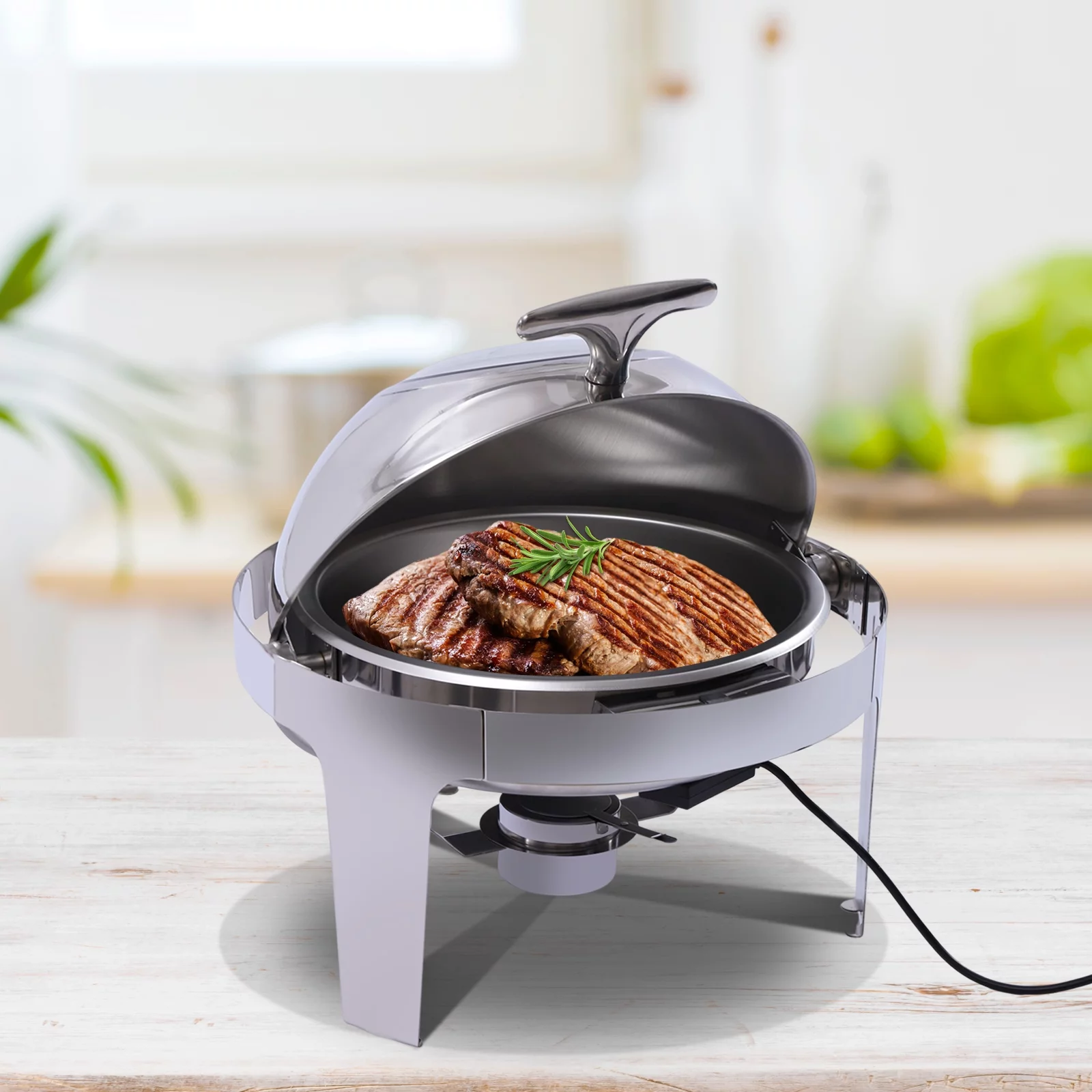 Loyalheartdy Dish Buffet Warmer 6L Round Roll Top Chafing Dish Heater with Glass Lid Electric & Alcohol Heating for Home, Canteen