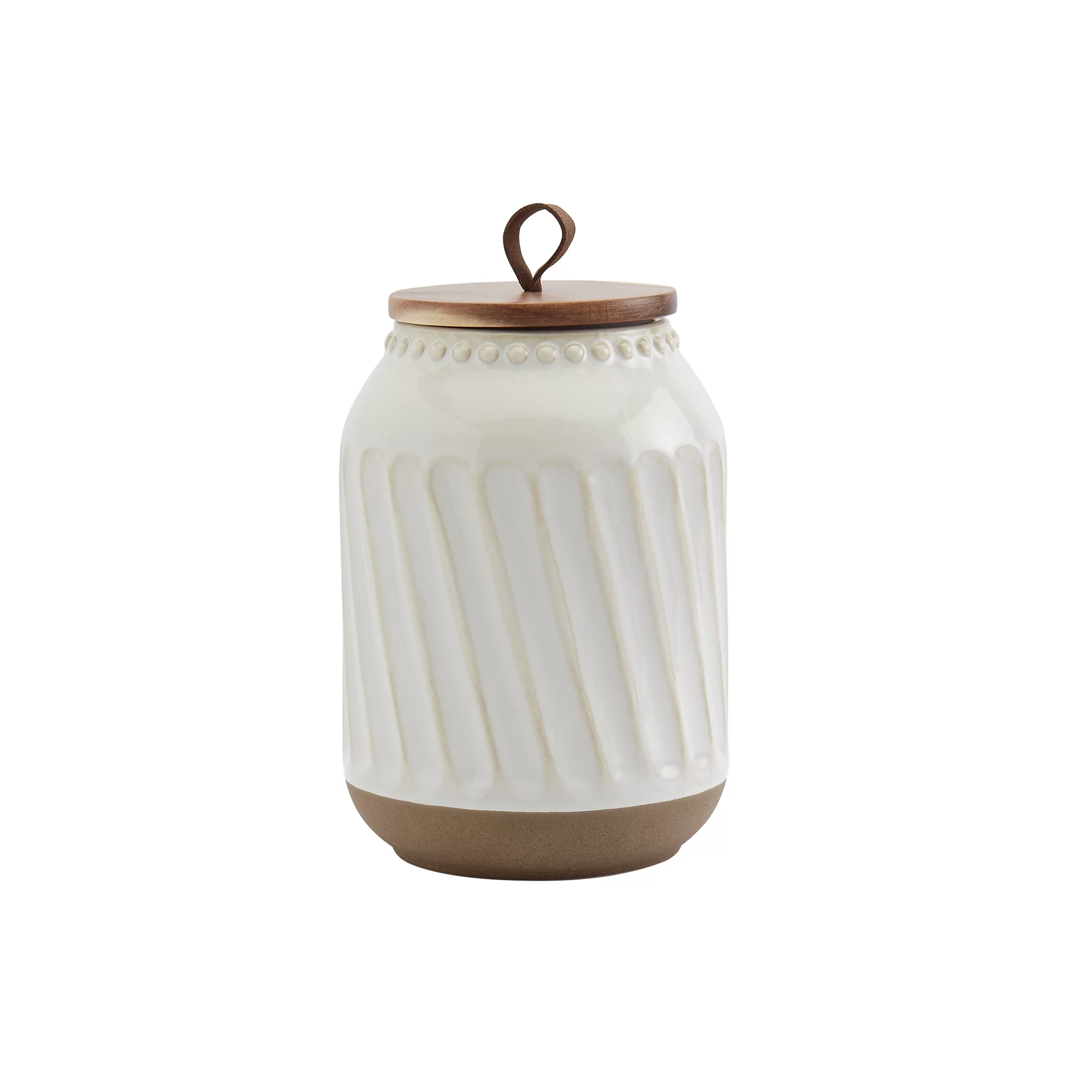 Tabletops Gallery 3 Piece Embossed White Stoneware Canister Set with Wood Lids