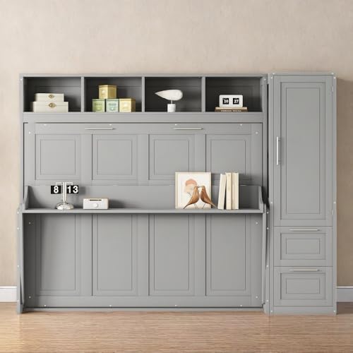 SOFTSEA Queen Size Horizontal Murphy Bed, Queen Murphy Bed with Desk Wardrobe Storage Shelf, Queen Hideaway Wall Bed with Drawers Space-Saving for Guest Room Bedroom or Office, Gray