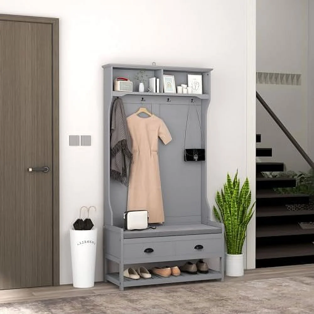 RUNFAYBIU 3-in-1 Hall Tree  Entryway Bench with Coat Rack  Mudroom Bench with Shoe Rack  2  Drawers  4 Hooks and Padded Seat Cushions for Hallway  Gray