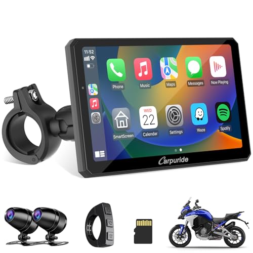 Carpuride W712D Motorcycle Carplay Screen with HD 1080 Dual Dash Cam, Wireless Car Play and Android Auto, 7