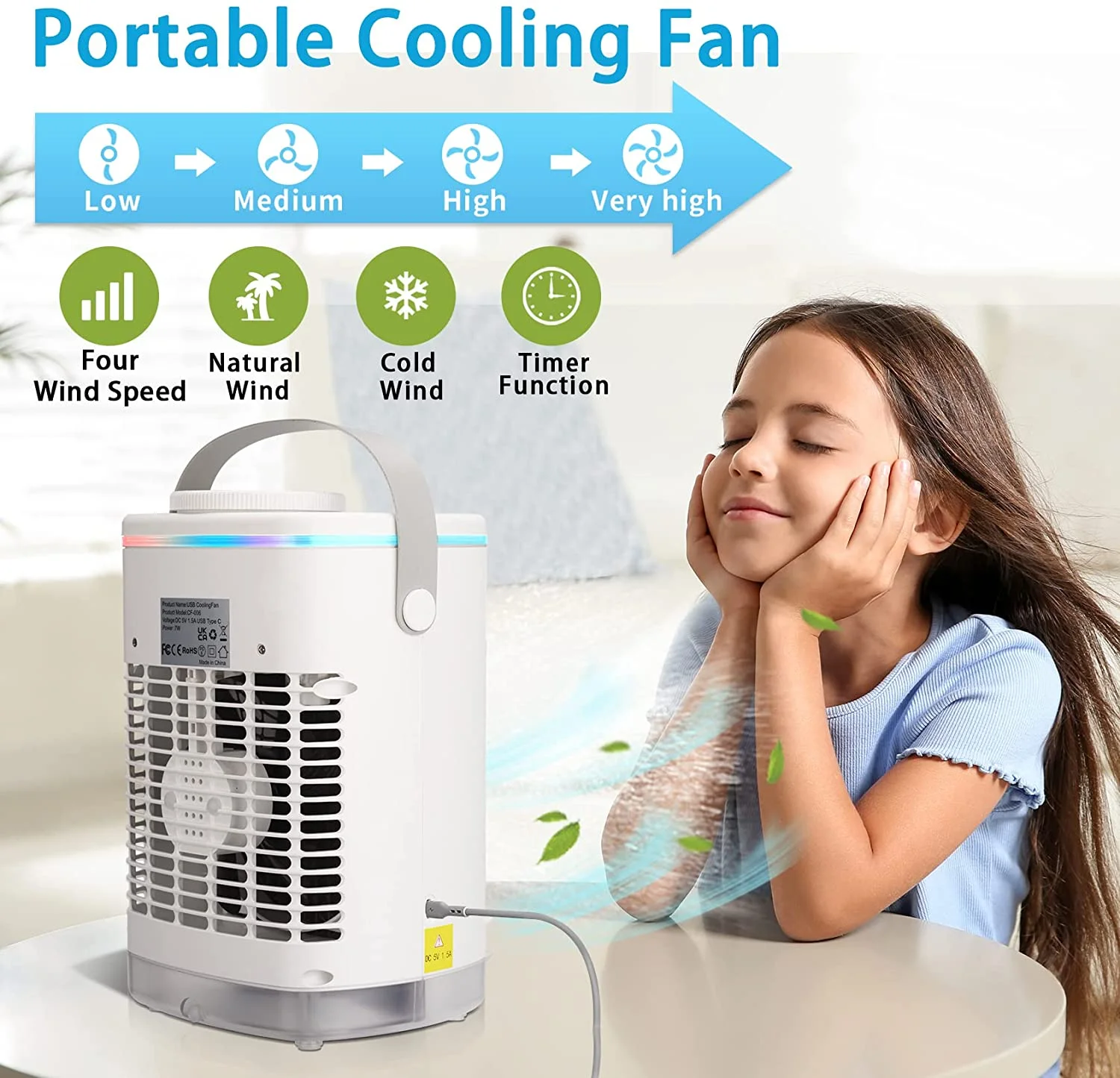 Portable Air Conditioner Cooling Fan, Evaporative Air Cooler for Room, 4 Speed & 7 LED Light, 2 Cool Air Spray , 3-in-1 Personal Air Conditioners for Travel Office, White