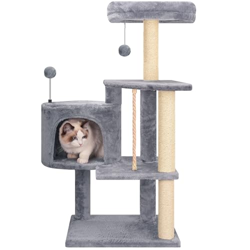 TINWEIUS Multifunctional Cat Tree for Indor Cats, Cat Tower with Cozy Condo, Perches, Scratching Posts and Hanging Rope, Grey