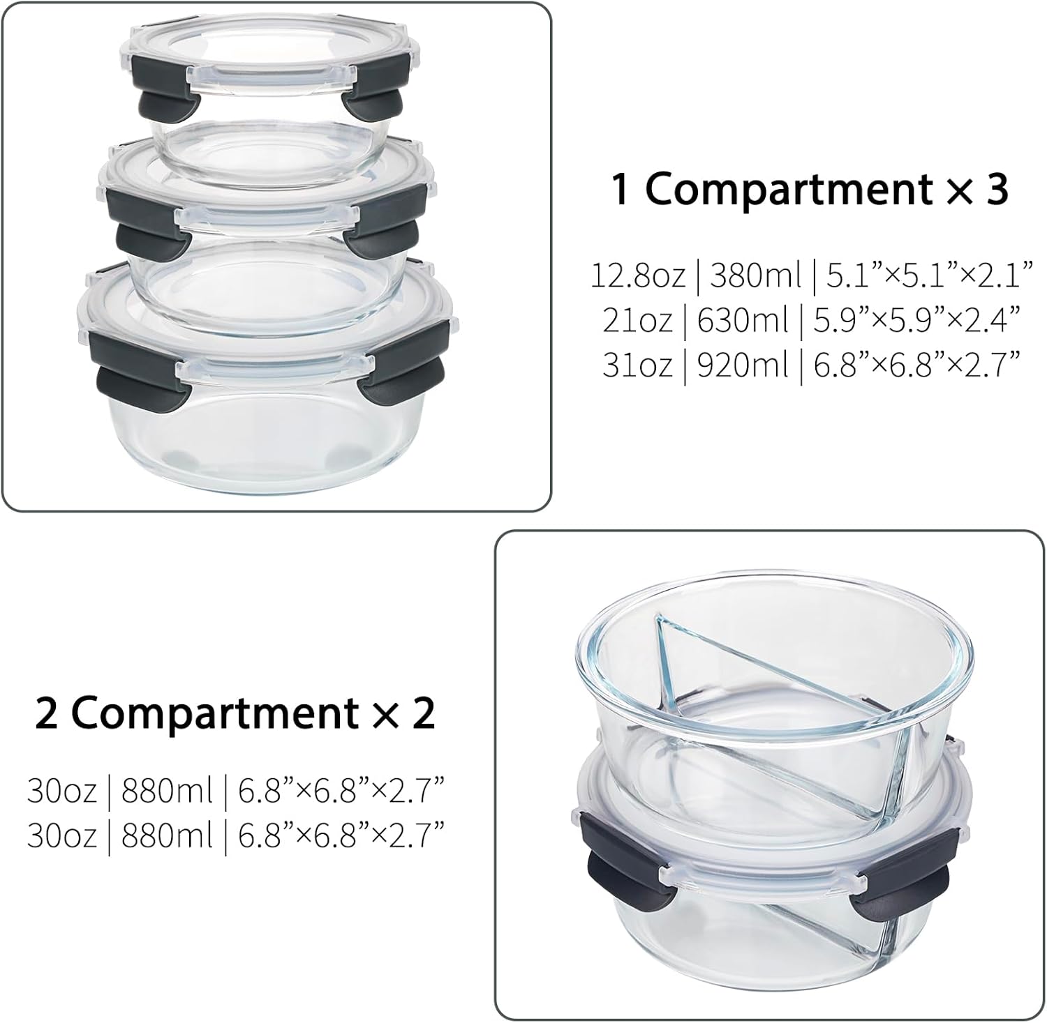 Moretoes 10pc Glass Food Storage Container with Lid, Gray Round Single and 2 Compartment Glass Meal Prep Containers, Airtight Glass Lunch Boxes for Leak Proof, Microwave, Oven, Freezer, Dishwasher