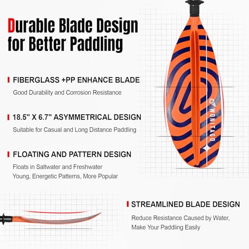 Kayak Paddles with Fiberglass Shaft and Reinforced PP Blade, Floating Adjustable Kayaking Oars, 3 Piece, 220-240 cm/86-94 Inches, 240-260 cm/94-102 Inches