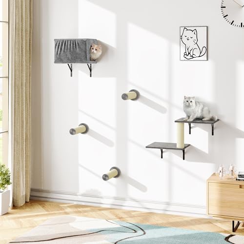 NUNU LAB 5-in-1 Wall-Mounted Cat Climber Set, Cats Wall Shelve, Wall-Mounted Cat Climbing Shelves, with House, Bridge, Steps, Scratcher, Hammock, Shelves (A-KM060)