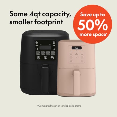 bella 4Qt Slim Air Fryer, Fits-anywhere™ Kitchenware, EverGood™ Ceramic Nonstick Coating, Adjustable Temperature, 6 Preset Cooking Options, 60 Min Auto Shutoff w Audible Tone, 3.3lb Capacity, Oatmilk