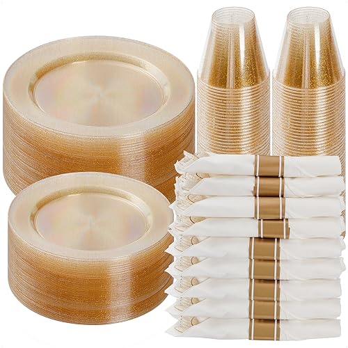 Goodluck 350 Piece Silver Plastic Dinnerware Set for 50 Guests, Fancy Disposable Plates for Party, Include: 50 Dinner Plates, 50 Dessert Plates, 50 Pre Rolled Napkins with Silver Silverware, 50 Cups