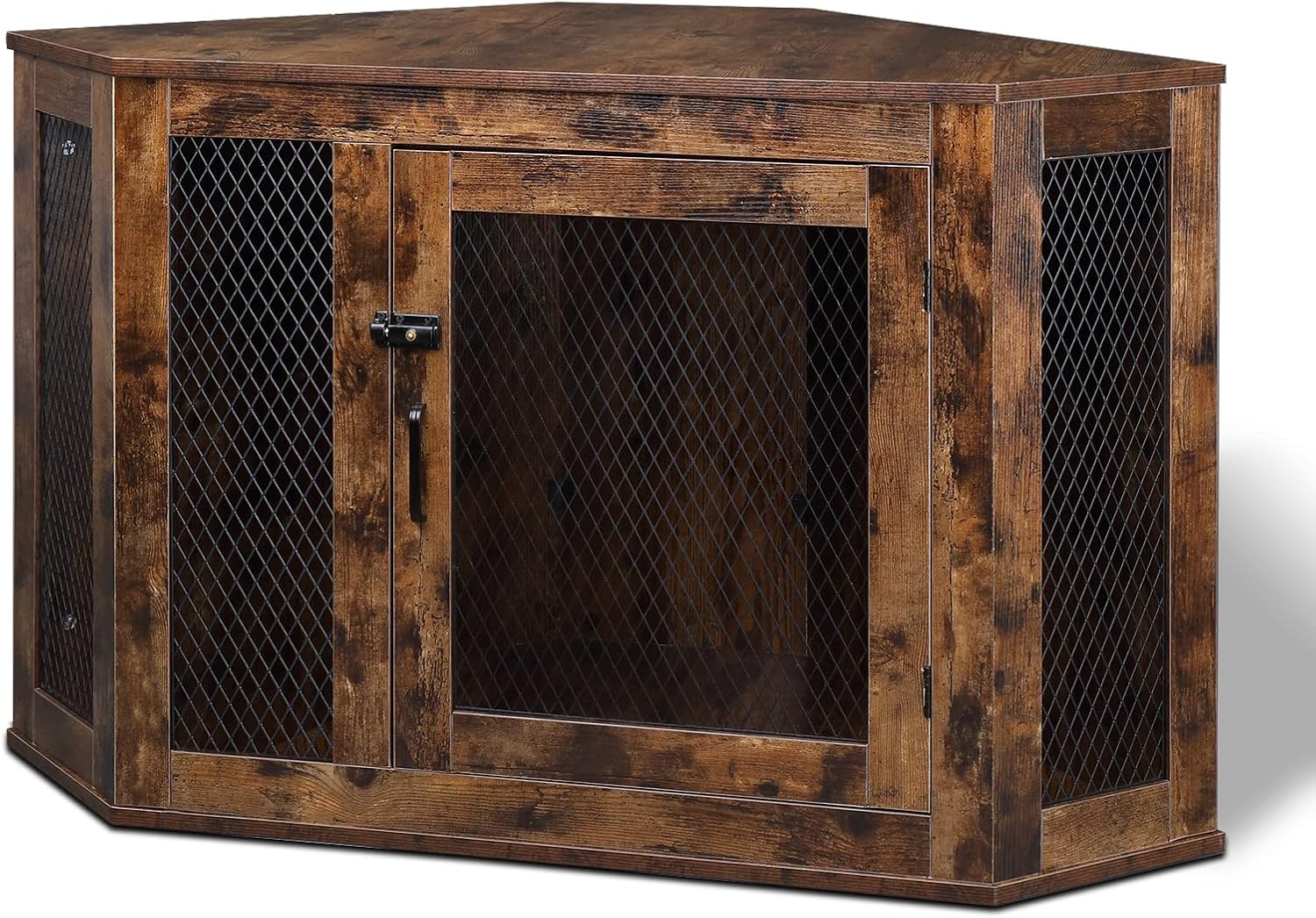 Furniture Corner Dog Crate, Lockable Doors, Dog Kennel with Wood and Mesh, Dog Crate for Small/Medium Dogs, Pet Crate Furniture, Dog House, Side End Table, Indoor Use, Rustic Brown