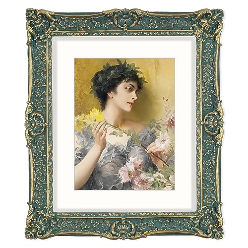11x14 Picture Frame with Mat for 8x10, Vintage Black Poster Frame with Gold Accents, Gothic Photo Display for Gallery Wall and Tabletop, Hand-Painted Floral Design Living Rooms Entryways Mantelpiece Décor