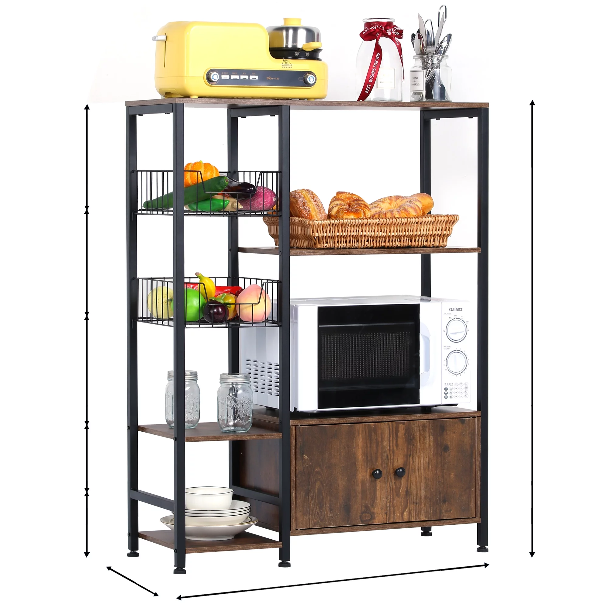 NAIYUFA 5-Tier Kitchen Bakers Rack,Microwave Oven Stand Wood Brown Shelf with Cabinet