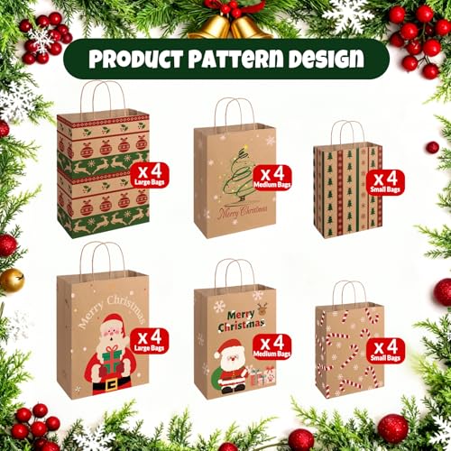 SUNEE Christmas Gift Bags with Tissue paper, 24pcs Assorted Sizes Xmas Bags Bulk with Handles, Assorted with Xmas Stockings, Santa Claus Designs for Christmas Gifts, 8 Large 13
